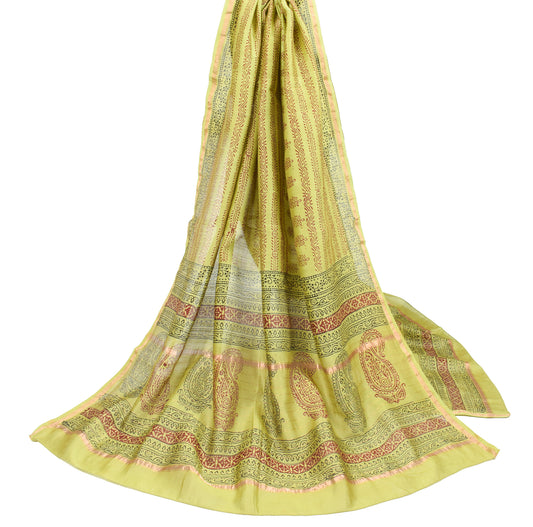 Sushila Vintage Green Hand Block Dupatta Pure Cotton Silk Floral Long Stole Veil
