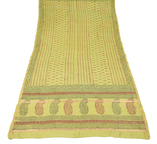 Sushila Vintage Green Hand Block Dupatta Pure Cotton Silk Floral Long Stole Veil