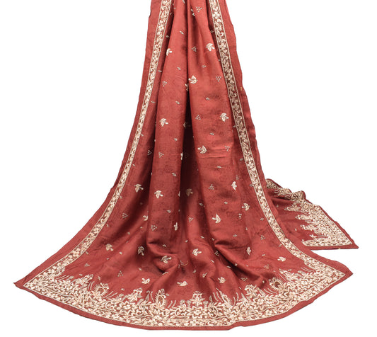 Sushila Vintage Rust Zardozi Work Heavy Dupatta Pure Silk Self Woven Long Stole