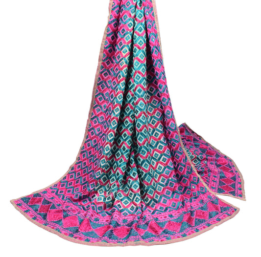 Sushila Vintage Green Magenta Heavy Dupatta Art Silk Bagh Phulkari Long Stole