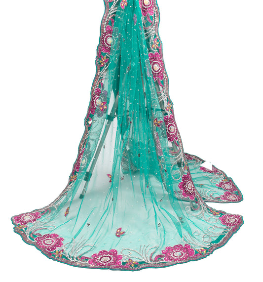 Sushila Vintage Teal Green Heavy Dupatta Net Beaded Rhine Stone Floral Long Stole
