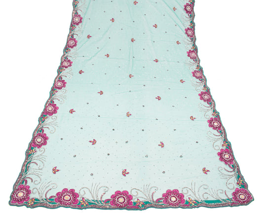 Sushila Vintage Teal Green Heavy Dupatta Net Beaded Rhine Stone Floral Long Stole