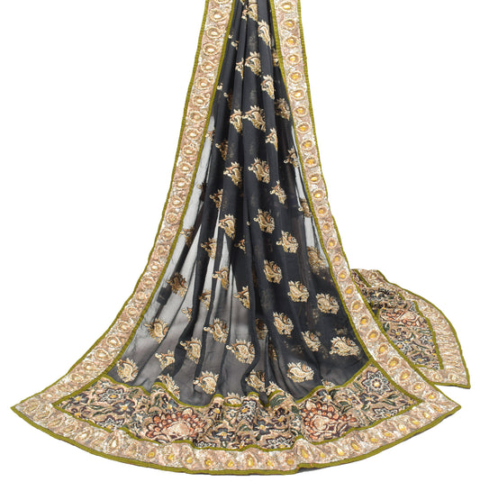 Sushila Vintage Black Heavy Dupatta Pure Georgetta Zari Embroidered Long Stole