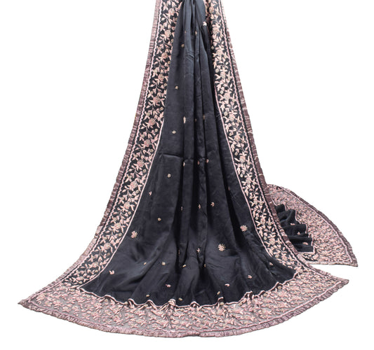 Sushila Vintage Zardozi Work Heavy Dupatta Pure Satin Silk Floral Long Stole Veil