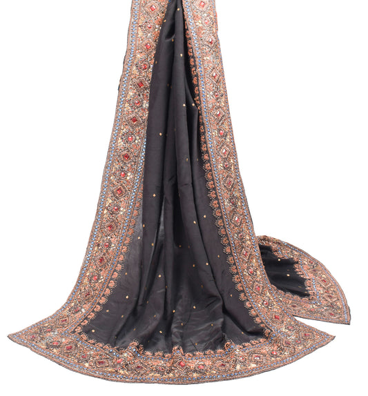 Sushila Vintage Zardozi Work Heavy Dupatta Pure Crepe Silk Black Long Stole