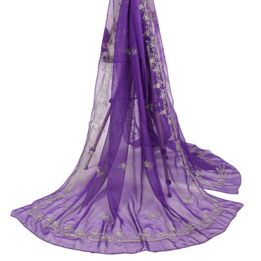 Sushila Vintage Purple Dupatta Zari Embroidered Art Georgette Long Stole Wrap
