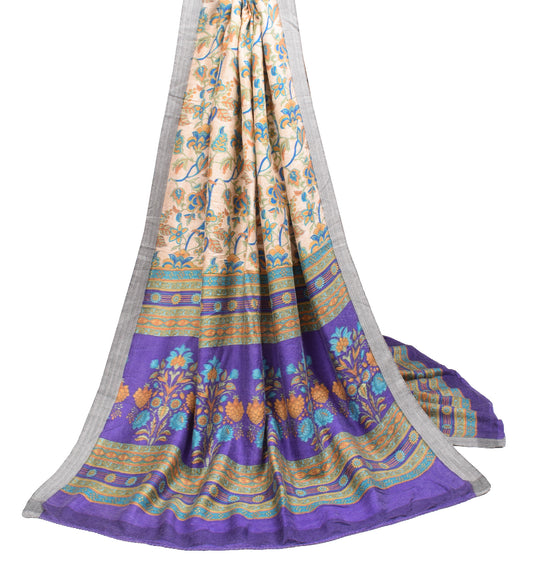 Sushila Vintage Cream Woven Dupatta Floral Printed Pure Woolen Soft Long Stole