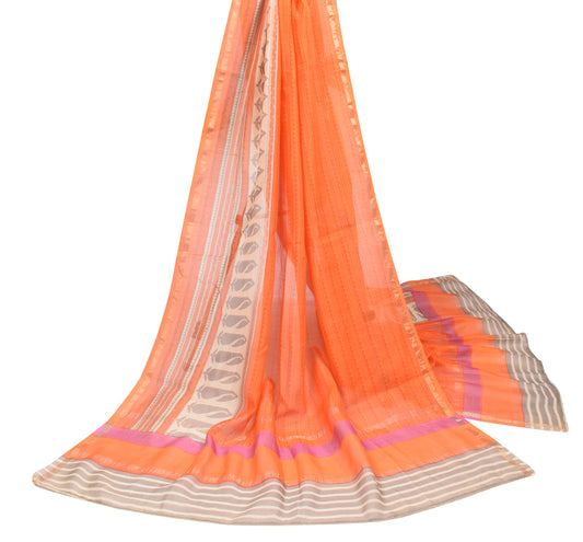 Sushila Vintage Orange Hand Block Dupatta Pure Cotton Silk Stripes Long Stole