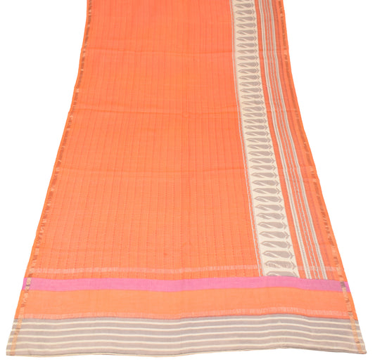 Sushila Vintage Orange Hand Block Dupatta Pure Cotton Silk Stripes Long Stole