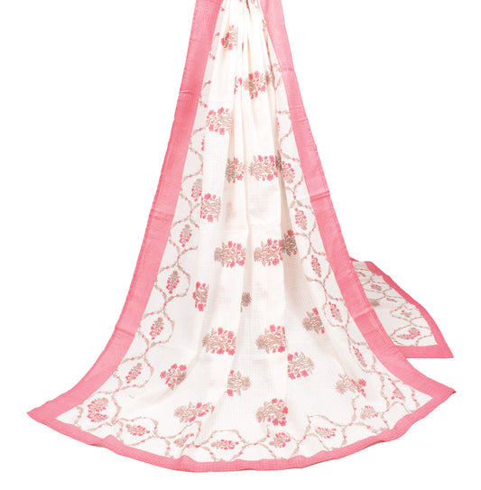 Sushila Vintage Floral Hand Block Dupatta Pure Cotton Cream Long Stole Wrap