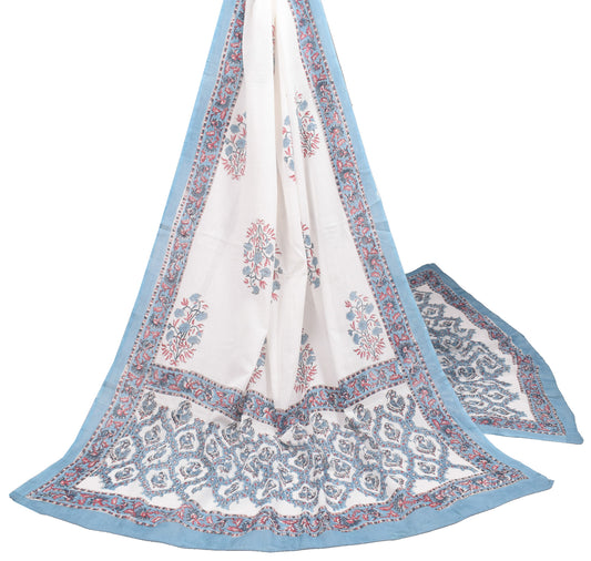 Sushila Vintage Floral White Dupatta Hand Block Pure Cotton Soft Long Stole