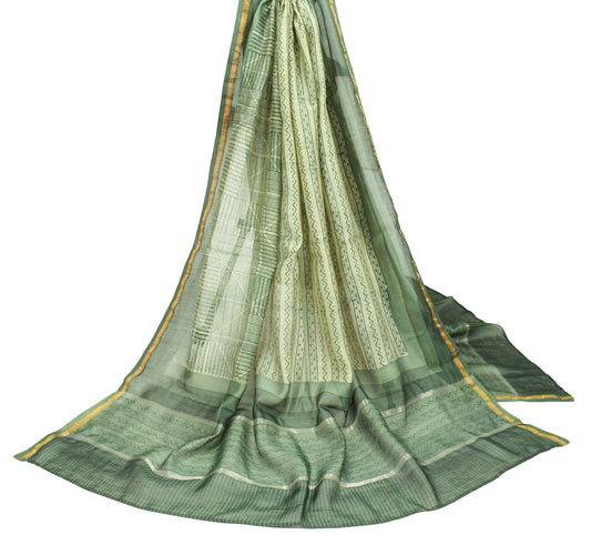 Sushila Vintage Cream Green Dupatta Hand Block Pure Cotton Silk Long Stole