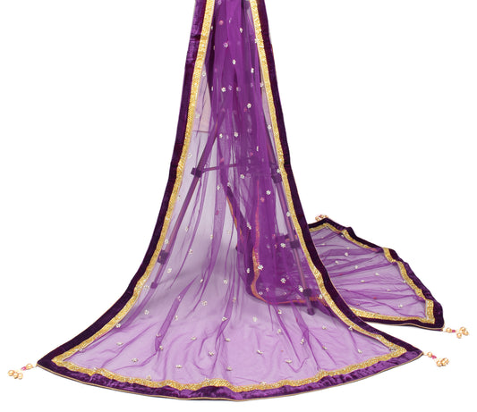 Sushila Vintage Purple Net Mesh Dupatta Stone Work Velvet Border Long Stole