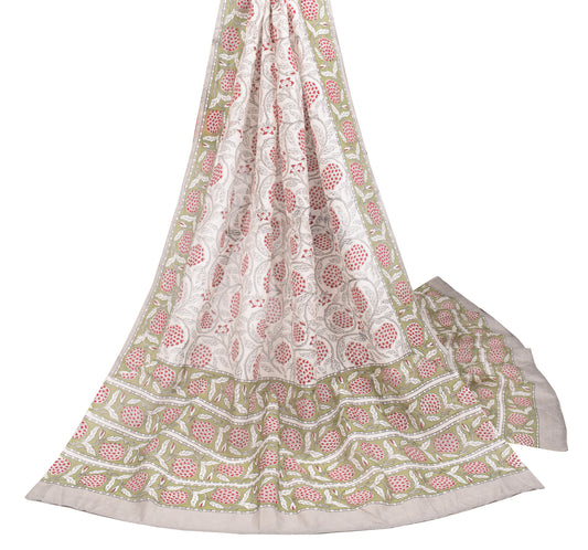 Sushila Vintage White Floral Dupatta Block Print Pure Cotton Silk Long Stole