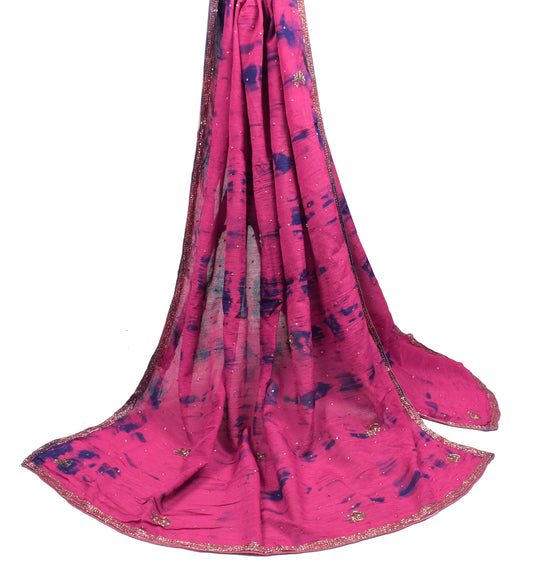 Sushila Vintage Tie-Dye Magenta Dupatta Pure Chiffon Glass Beads Embellish Long Stole