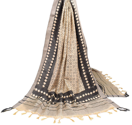 Sushila Vintage Beige Dupatta Hand Block Printed  Pure Woolen Soft Long Stole