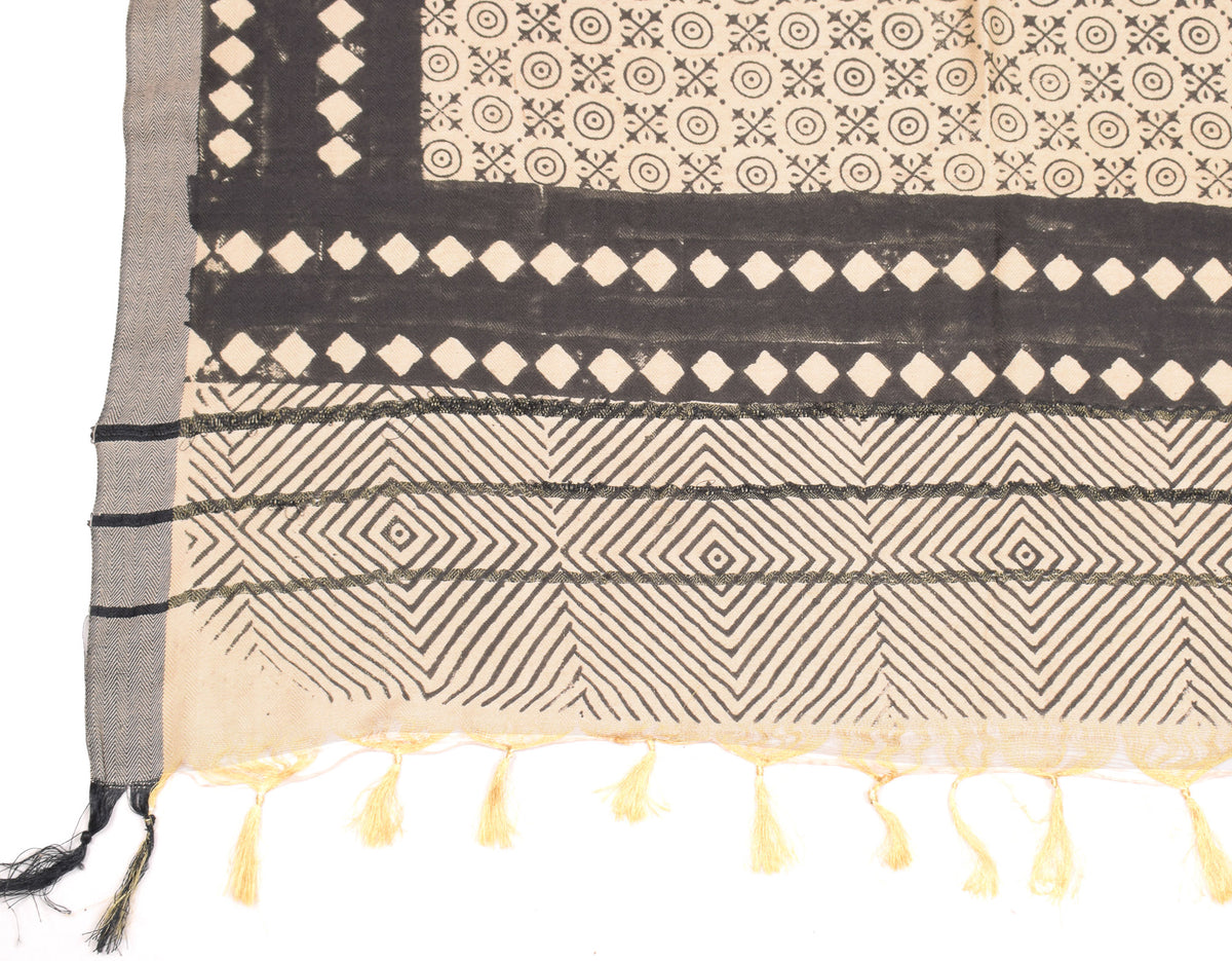Sushila Vintage Beige Dupatta Hand Block Printed  Pure Woolen Soft Long Stole