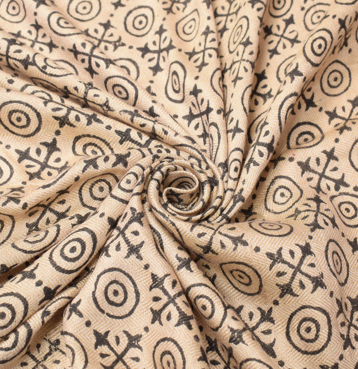 Sushila Vintage Beige Dupatta Hand Block Printed  Pure Woolen Soft Long Stole