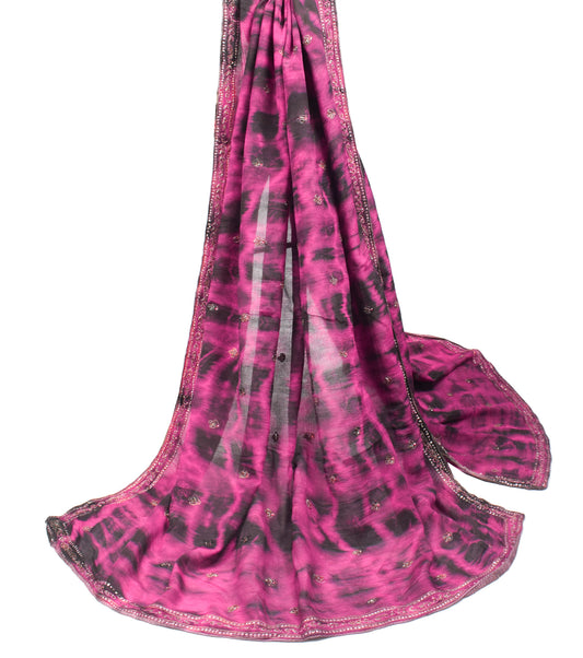 Sushila Vintage Magenta Embroidered Dupatta Pure Chiffon Tie-Dye Long Stole
