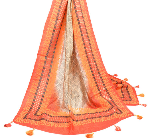Sushila Vintage Beige Pure Silk Dupatta Hand Block Printed Leaf Soft Long Stole