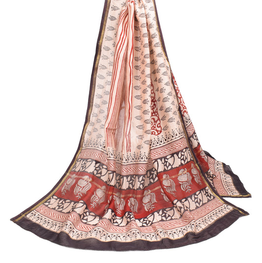 Sushila Vintage Floral Beige Dupatta Pure Cotton Silk Hand Block Long Stole