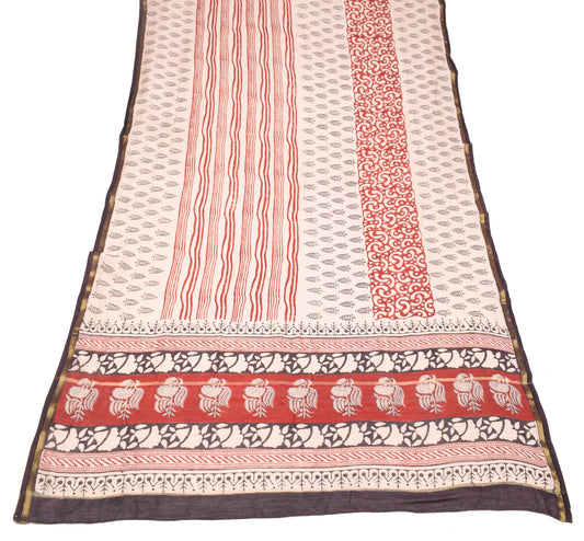 Sushila Vintage Floral Beige Dupatta Pure Cotton Silk Hand Block Long Stole