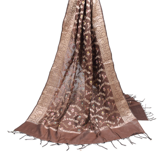 Sushila Vintage Brown Banarasi Dupatta Art Cotton Silk Floral Woven Long Stole