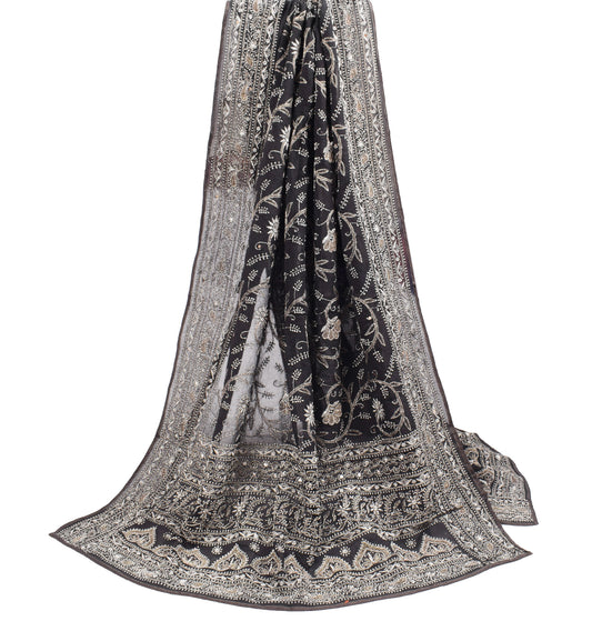 Sushila Vintage Georgette Black Dupatta Zari Embroidered Long Stole Warp