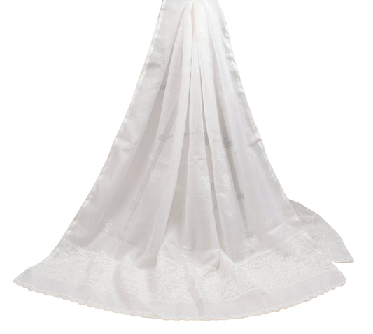 Sushila Vintage Lucknowi Chikankari Dupatta White Kota Doria Long Stole Wrap