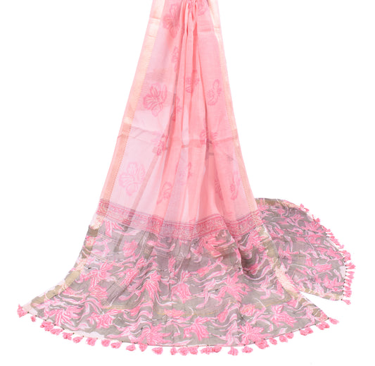 Sushila Vintage Pink Block Print Dupatta Pure Cotton Silk Zari Woven Long Stole