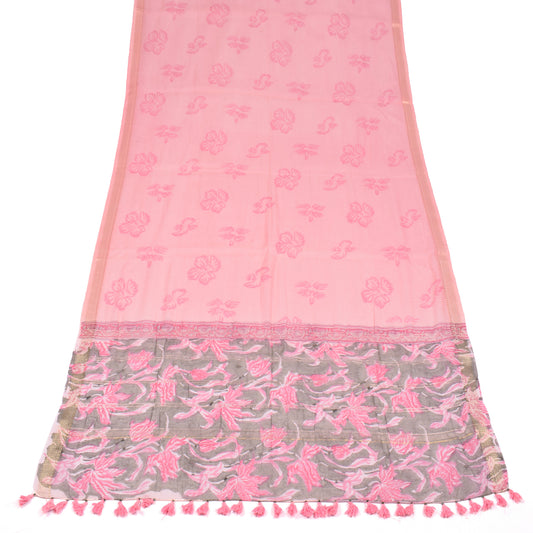 Sushila Vintage Pink Block Print Dupatta Pure Cotton Silk Zari Woven Long Stole