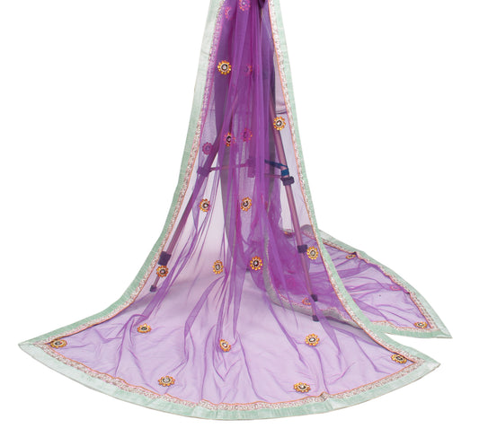 Sushila Vintage Purple Net Dupatta Stone Pearl Embellish Long Stole Wrap
