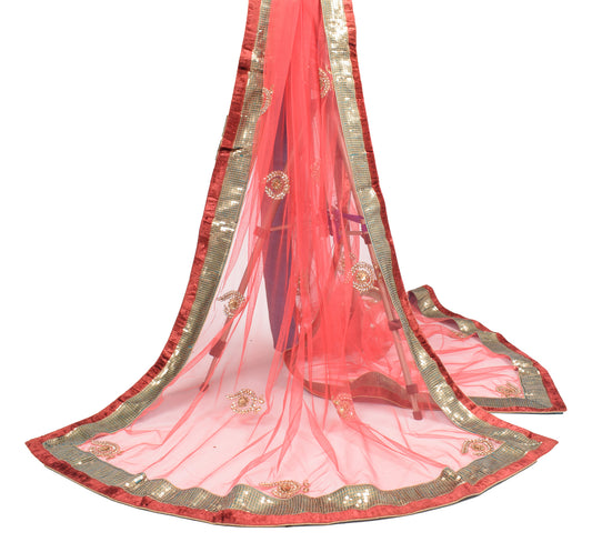 Sushila Vintage Carrot Red Dupatta Net Mesh Zari Stone Work Long Stole