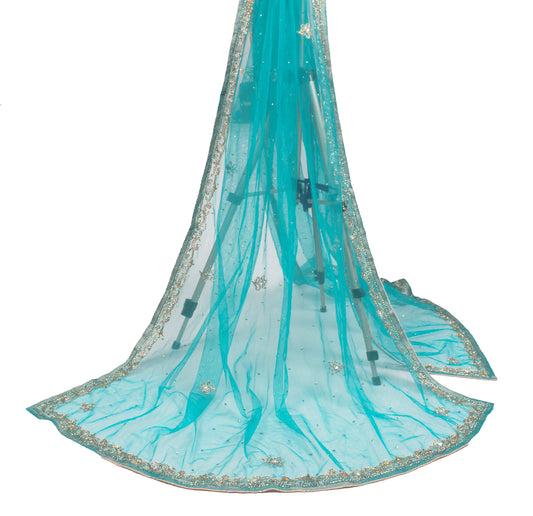Sushila Vintage Teal Blue Dupatta Sequins Glass Beads Embellish Net Long Stole