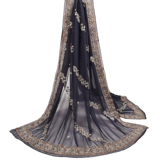 Sushila Vintage Black Zardozi Work Dupatta Pure Georgette HEAVY Long Stole