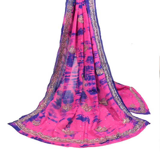 Sushila Vintage Magenta Tie-Dye Dupatta Hand Beaded Pure Chiffon Long Stole