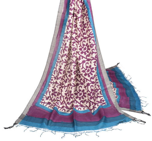 Sushila Vintage Cream Block Print Dupatta Pure Woolen Floral Long Stole Wrap