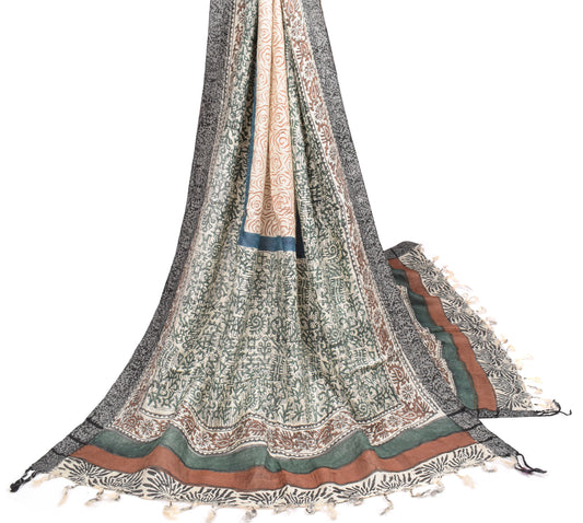 Sushila Vintage Cream Pure Woolen Dupatta Block Print Woven Soft Long Stole