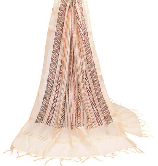 Sushila Vintage Beige Embroidered Dupatta Stripe Art Cotton Silk Long Stole