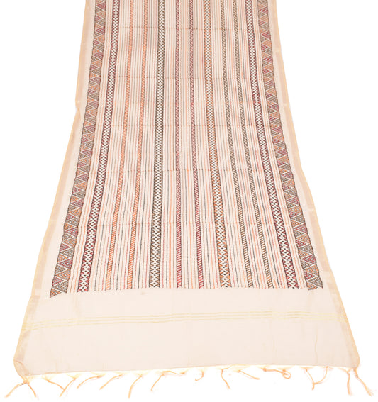 Sushila Vintage Beige Embroidered Dupatta Stripe Art Cotton Silk Long Stole