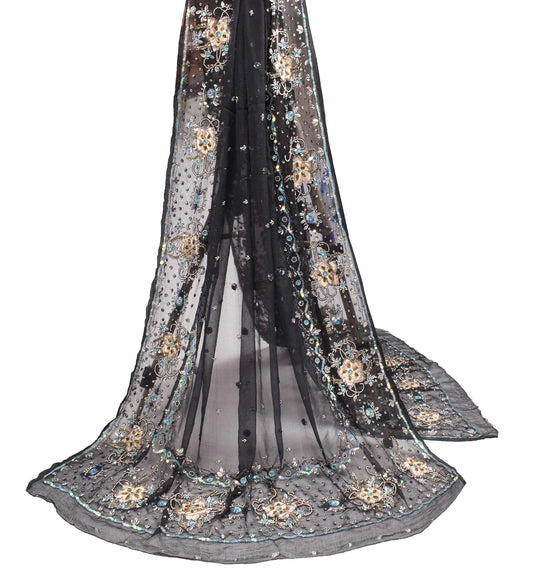Sushila Vintage Black Dupatta Pure Chiffon Sequins Beads Embellish Long Stole