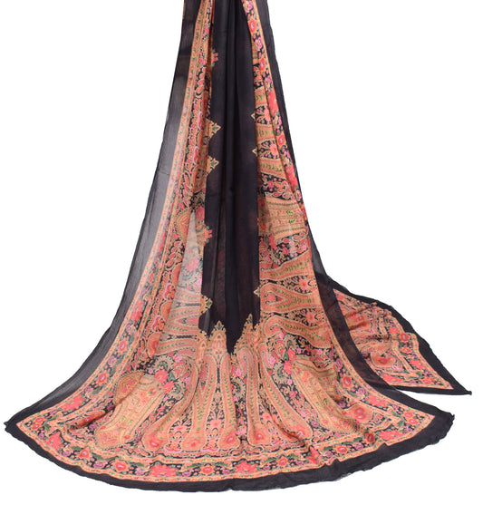 Sushila Vintage Black Dupatta Digital Printed Paisley Pure Chiffon Silk Long Stole Hijab