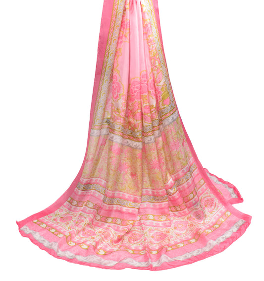 Sushila Vintage Printed Pink Dupatta 100% Pure Silk Soft Floral Long Stole Wrap