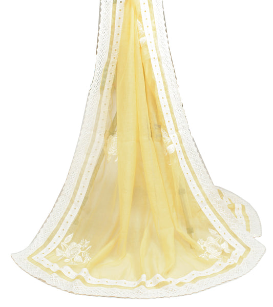 Sushila Vintage Floral Embroidered Dupatta Yellow Art Silk Long Stole Veil