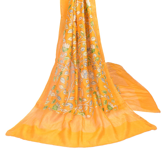 Sushila Vintage Yellow Kalamkari Dupatta Hand Printed Pure Cotton Silk Long Stole