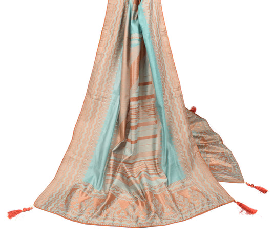 Sushila Vintage Aqua Geometric Woven Art Cotton Silk Long Stole Wrap
