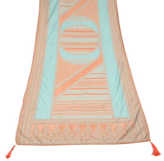 Sushila Vintage Aqua Geometric Woven Art Cotton Silk Long Stole Wrap