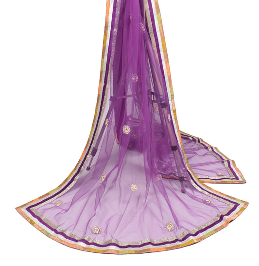 Sushila Vintage Purple Net Dupatta Pearl Glass Beads Embellish Long Stole