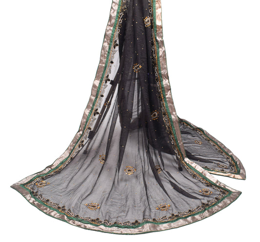 Sushila Vintage Black Pure Chiffon Dupatta Pearl Glass Beads Embellish Long Stole