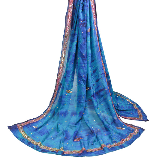 Sushila Vintage Blue Tie-Dye Dupatta Pure Chiffon Tie-Dye Sequins Work Long Stole